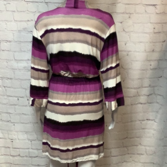 Josie By Natori Purple Tan White Striped Short Wrap Stretch Robe Sz M - Picture 8 of 12